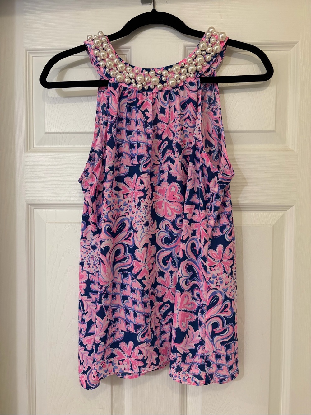 Lilly Pulitzer Navy, Pink & White Floral Halter Top with Pearl Detail